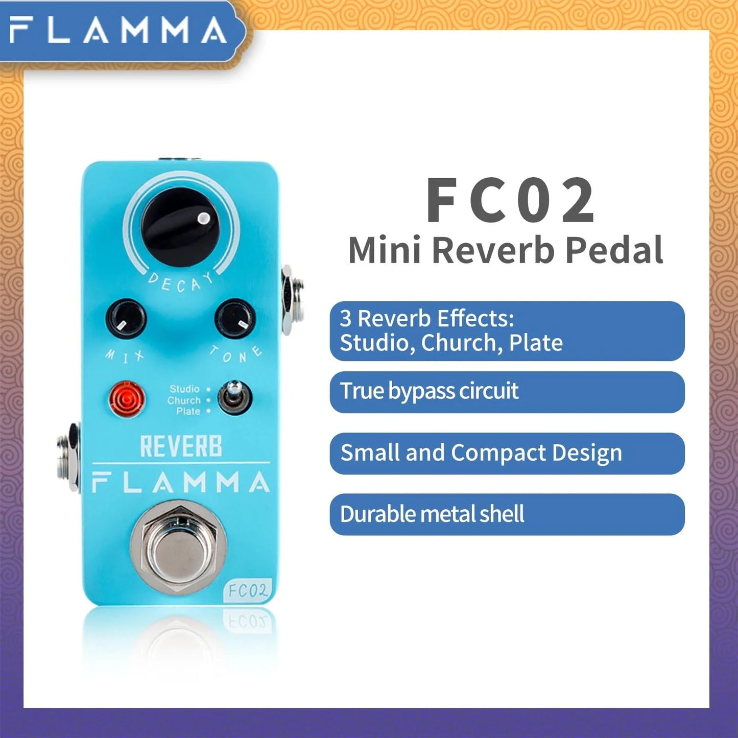 FLAMMA FC02 E-Gitarren-Pedal, Hall-Effektpedal mit Studio Church Plate Effekten, True Bypass mit Netzteil
