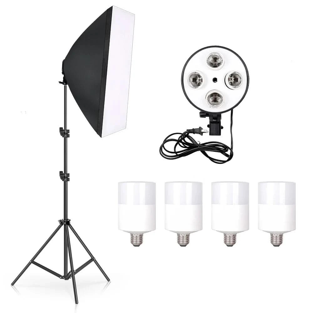 SH Fotostudio Softbox Licht-Kit Fotoausrüstung Vier Lampenfassungen Dauerlichtsystem mit E27 Glühbirnenzubehör