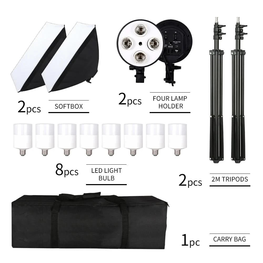 SH Fotostudio Softbox Licht-Kit Fotoausrüstung Vier Lampenfassungen Dauerlichtsystem mit E27 Glühbirnenzubehör