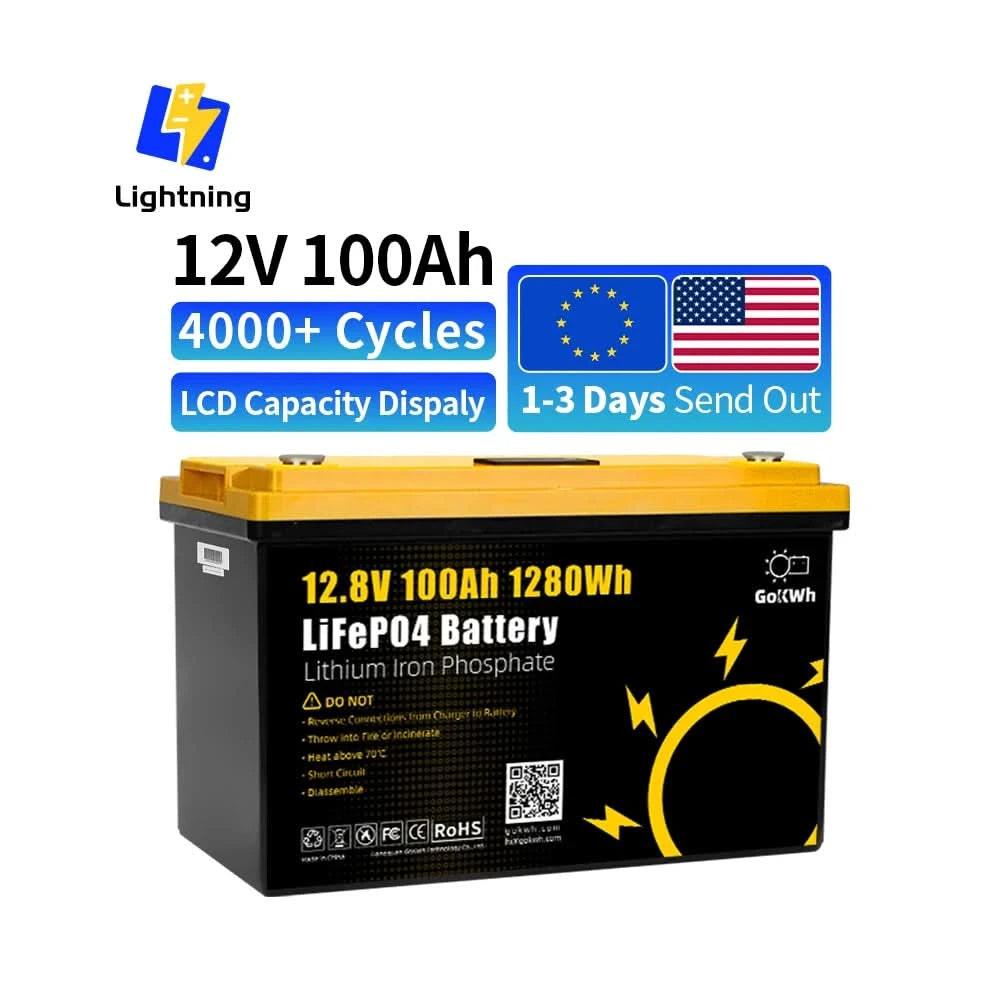 GoKWh 12V 100Ah Batterie Lifepo4 12,8V 100A 200Ah Lithium-Ionen Solarbatterie mit LCD für Wohnmobil, Camping, Solaranwendungen – Langlebig, effizient
