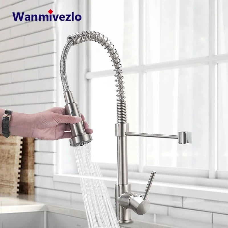 Küchenarmatur aus gebürstetem Nickel mit Ausziehbrause, Heiß- und Kaltwasserhahn, Messing, drehbar, Küchenmischbatterie, Wasserhahn