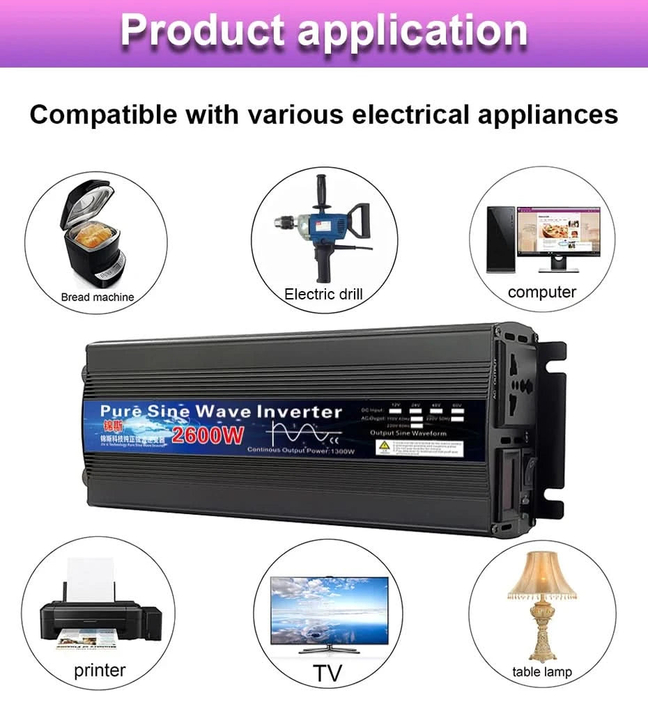 Pure Sine Wave Inverter 12V 24V 110V 220V 1000w 2000w 2600w Inversor 12V 48V to 220V Power Solar Inverter Converter LED Display