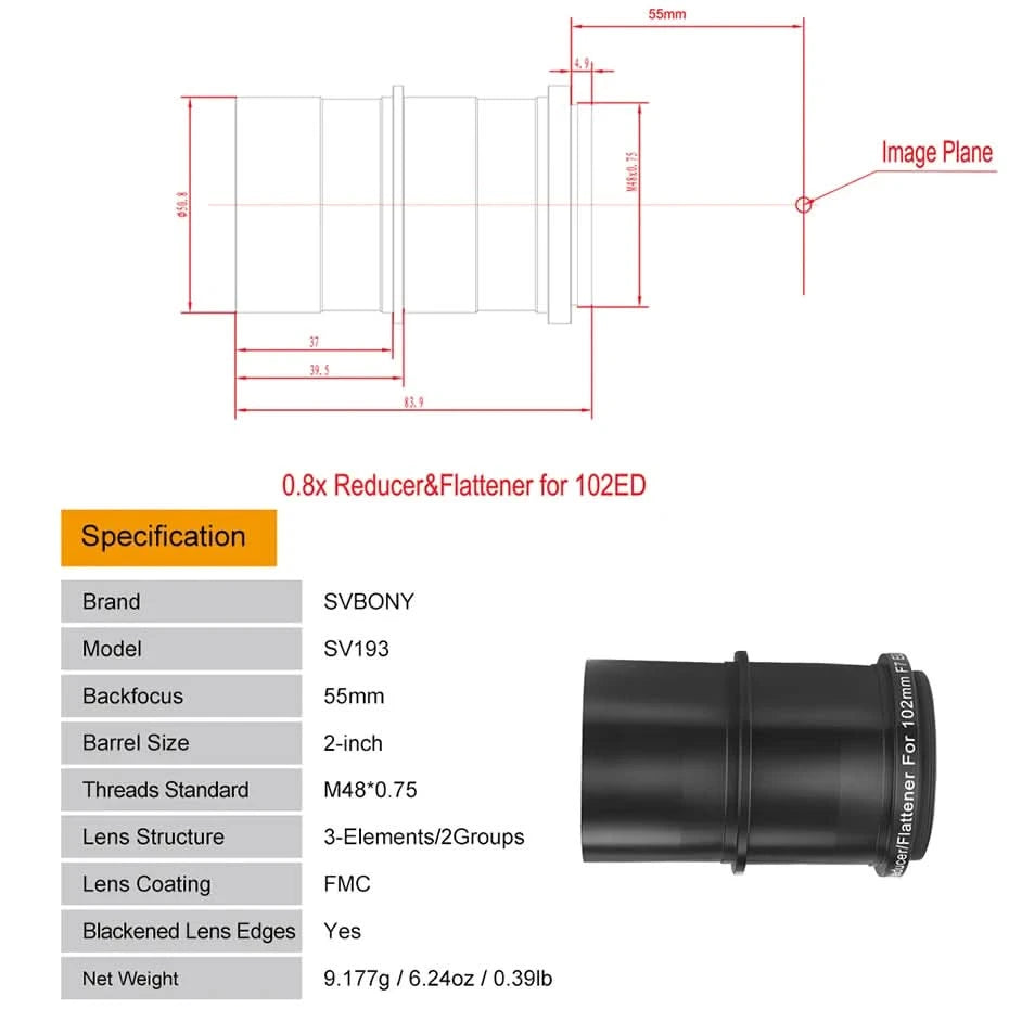 Svbony SV193 2 Inch 0.8X Field Flattener Focal Reducer Telescope Accessory for SV503 80/102mm ED Telescope