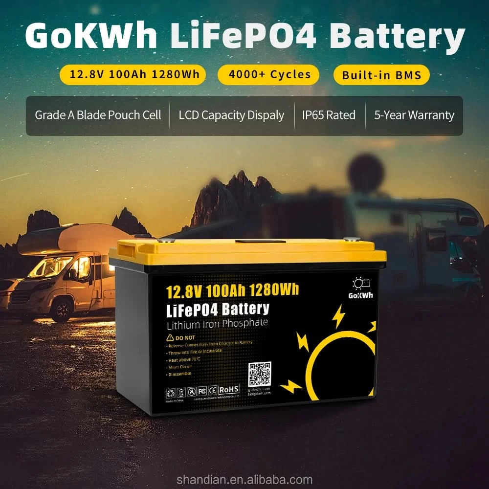 GoKWh Bluetooth 12V 100Ah Batterie Lifepo4 LFP 12.8V 100A 200Ah Lithium-Ionen-Solarbatterie Lithium-Batteriepack für Wohnmobil, Camping, Boot