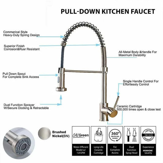 Brushed Nickel Spring Pull Down Kitchen Faucets Stream Spray Head Hot Cold Water Tap Brass Rotation Kitchen Mixer Tap Crane
