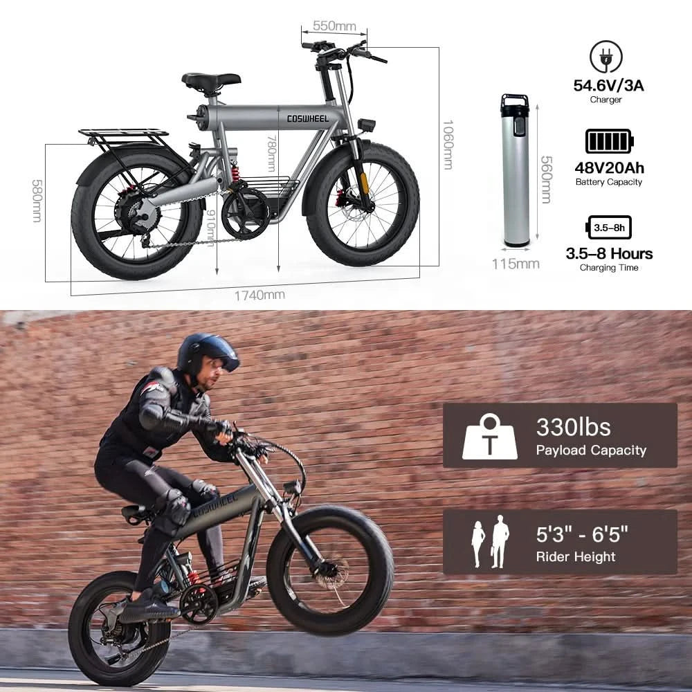 COSWHEEL T20 20AH Ultralanglebiger Lithium-Akku Hohe Kapazität Essenslieferung Elektro-Citybike 50 km/h Langstrecke für Erwachsene