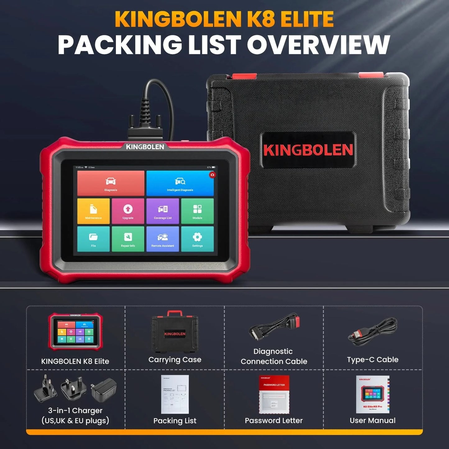 Kingbolen K8 Elite Lebenslange kostenlose OBD2-Scanner 8" Kfz-Diagnosetool Steuergeräte-Codierungsmaschine