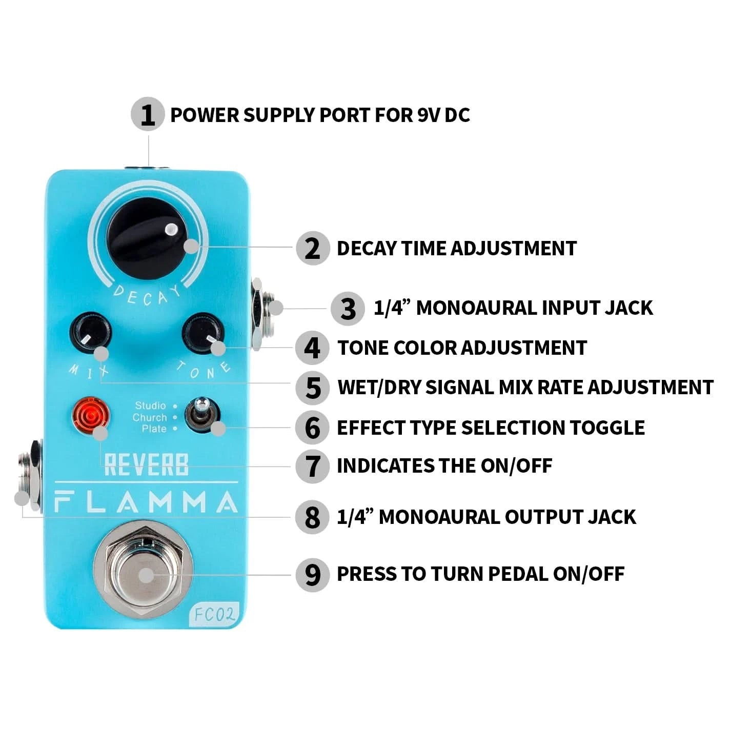FLAMMA FC02 E-Gitarren-Pedal, Hall-Effektpedal mit Studio Church Plate Effekten, True Bypass mit Netzteil