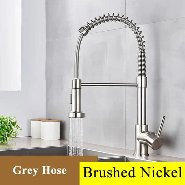 Küchenarmatur aus gebürstetem Nickel mit Ausziehbrause, Heiß- und Kaltwasserhahn, Messing, drehbar, Küchenmischbatterie, Wasserhahn