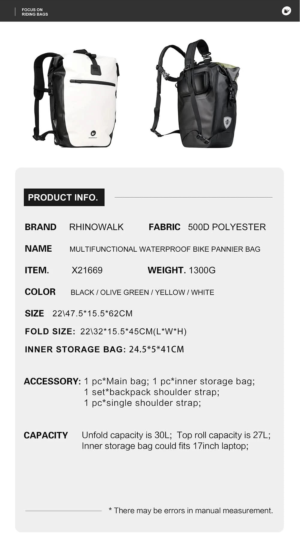 Rhinowalk Fahrradtasche & Gepäckträgertasche, 100 % wasserdicht, 27 l großes Fassungsvermögen, multifunktionale Gepäckträgertasche, Fahrradtaschen