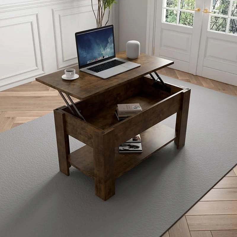 TV table and Lift Top Coffee Table with Storage , Rustic Wood Raisable Top Central Table for Living Room