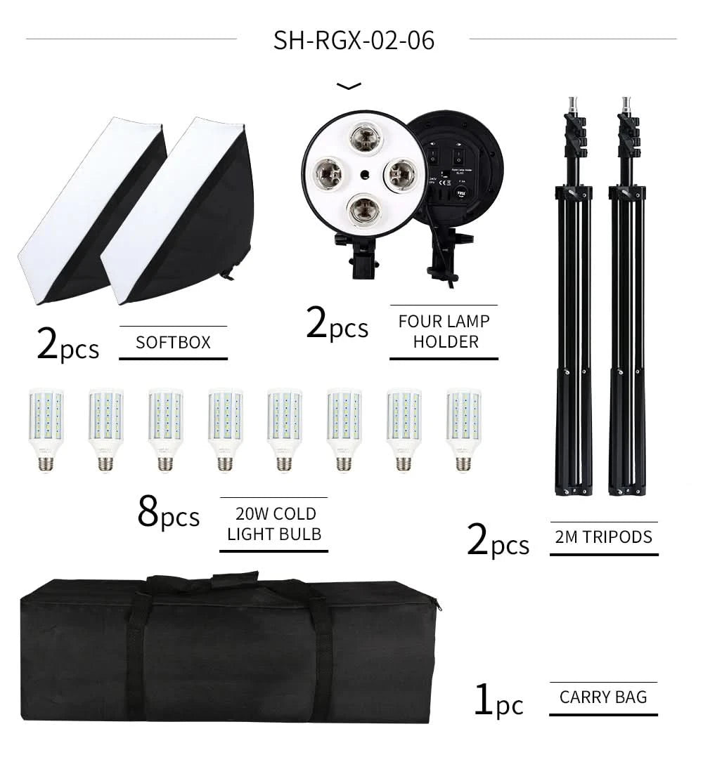 SH Fotostudio Softbox Licht-Kit Fotoausrüstung Vier Lampenfassungen Dauerlichtsystem mit E27 Glühbirnenzubehör
