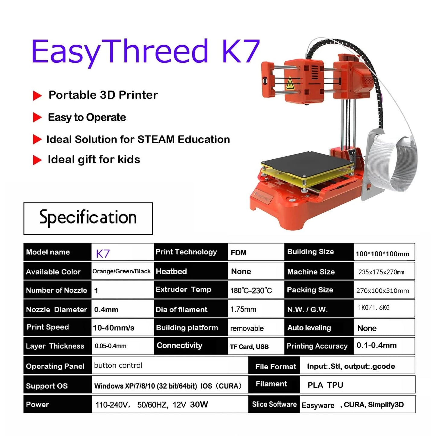 EasyThreed K7 3D Mini Drucker 100x100x100mm, unbeheiztes Druckbett, One-Key-Druck mit TF-Karte, PLA-Filament, einfacher kleiner Drucker