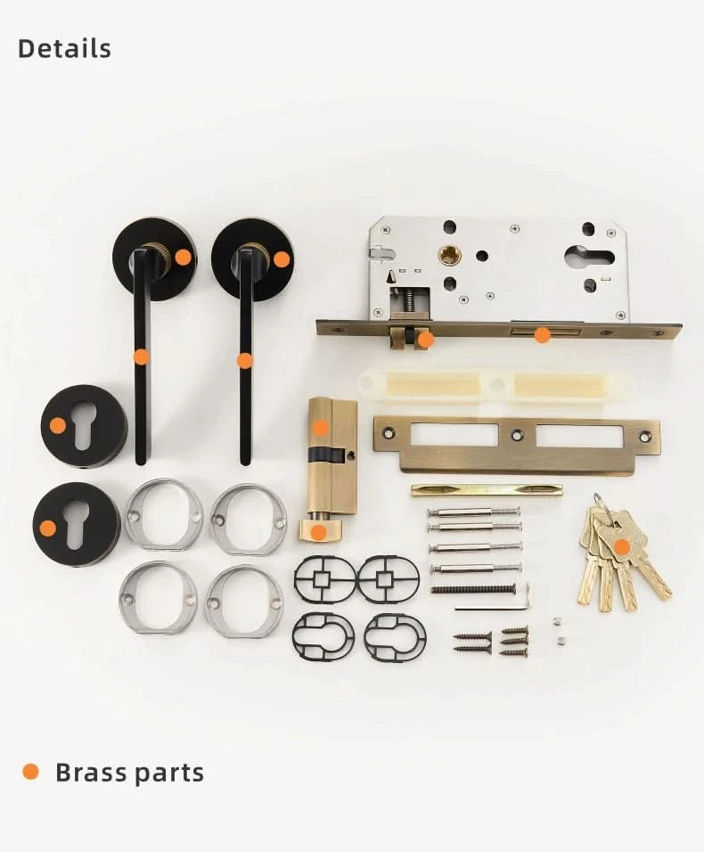 Dooroom Messing Türdrücker, geräuschlos, Schwarz-Gold, für Schlafzimmer, Badezimmer, Holztür, Schloss-Set, Blindgriffknauf