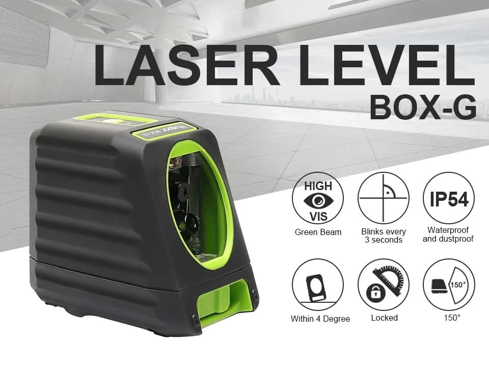 Huepar Box-1G selbstnivellierender Kreuzlinienlaser 45 m Reichweite, grüne Laserlinie mit vertikalem Abstrahlwinkel von 150°