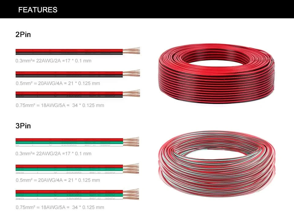10m 2pin to 6pin Electric Wires 24AWG 22AWG 20AWG 18AWG WS2812B WS2815 RGBCCT RGBW FCOB COB LED Cable Connector Extension Wire