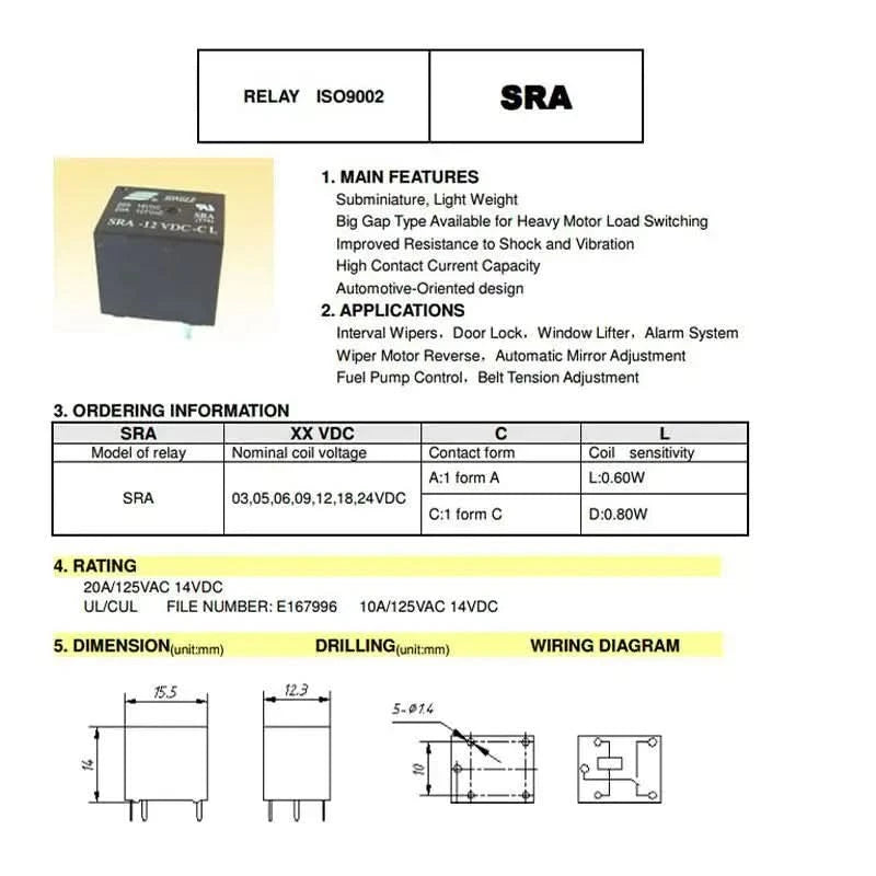 5 Stück 5V 12V 24V 20A DC Leistungsrelais SRA-05VDC-CL SRA-12VDC-CL SRA-24VDC-CL 5-poliger PCB-Typ Auf Lager Schwarzes Automobilrelais