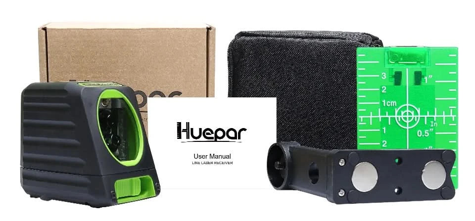 Huepar Box-1G selbstnivellierender Kreuzlinienlaser 45 m Reichweite, grüne Laserlinie mit vertikalem Abstrahlwinkel von 150°