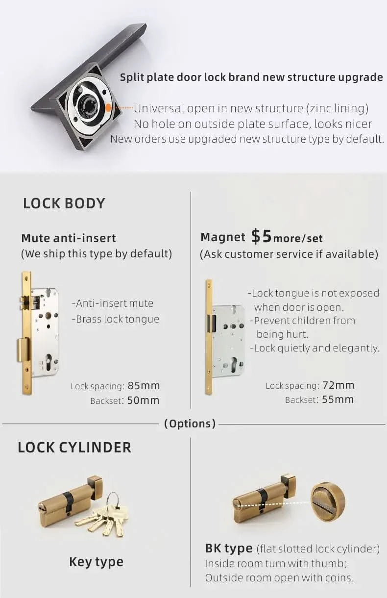 Dooroom Messing Türdrücker, geräuschlos, Schwarz-Gold, für Schlafzimmer, Badezimmer, Holztür, Schloss-Set, Blindgriffknauf
