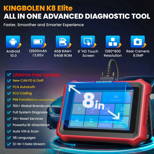 Kingbolen K8 Elite Lifetime Time Free OBD2 Scanner 8" Automotive Diagnostic Tool ECU Coding Machine
