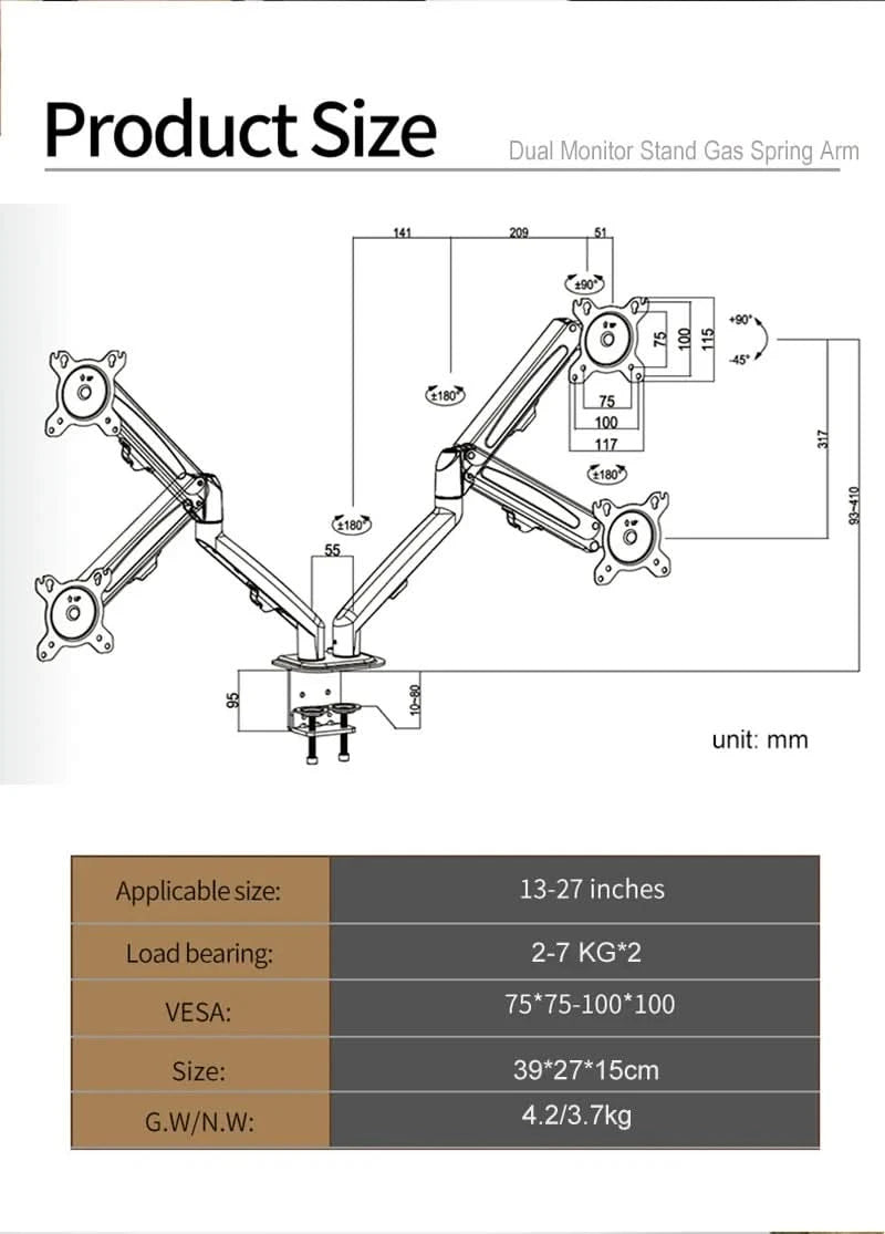 Hyvarwey G08-24 Dual Monitor Desktop Mount Bracket for 13 to 27-Inch LCD Screens Rotate & Tilt Adjust Two-Arm Desk Stand Support