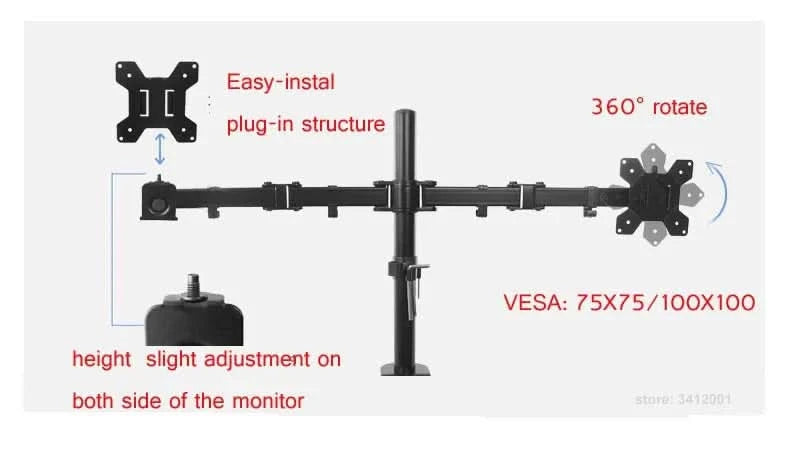 D-MOUNT MS02 9.9kg pro Kopf voll bewegliche 360° drehbare Halterung für zwei 10"-27" Monitore, Tischhalterung, langer Arm mit Klemme und Kabeldurchführung
