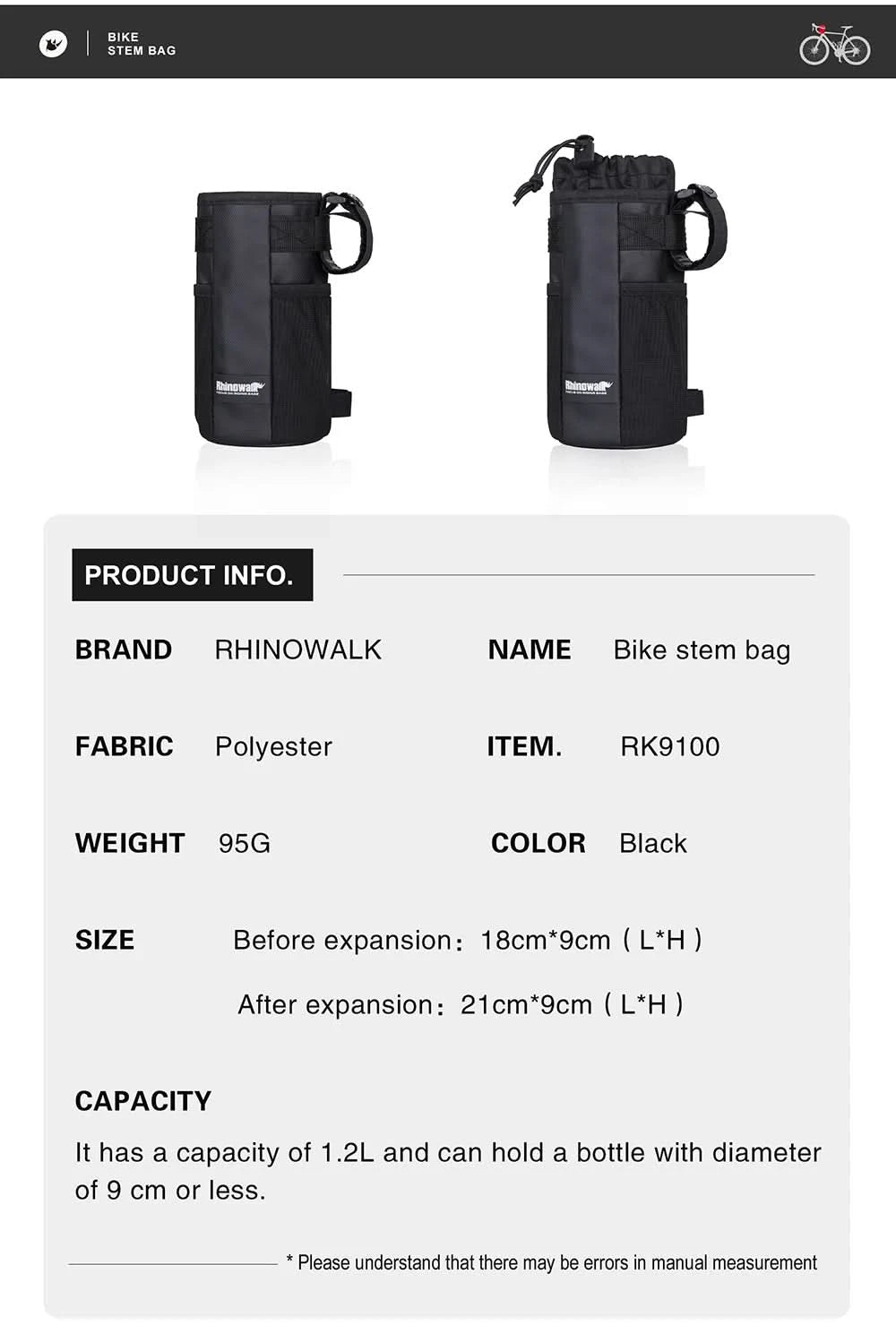 Rhinowalk Bicycle Bag Cycling Water Bottle Carrier Pouch MTB Bike Insulated Kettle Bag Riding Handlebar 1pc or 2pcs Accessories