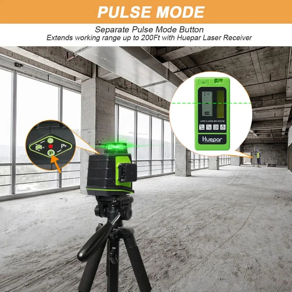 Huepar 12 Lines 3D Cross Line Laser Level Kit Osram Self-Leveling Green Beam 360° Vertical Horizontal With Laser Receiver Tripod