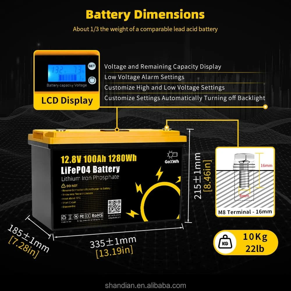 GoKWh Custom Deep Cycle Lifepo4 Batterie 12V 100Ah Batterie Lifepo4 LFP 12.8V 100A 200h Lithium-Ionen Solarbatterie Wohnmobil Haus Boot LCD