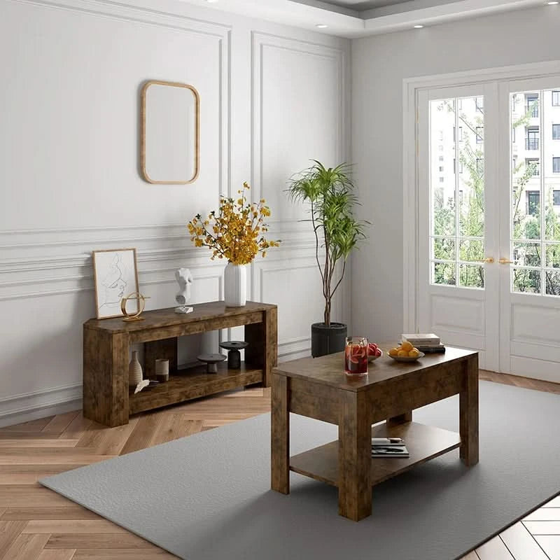 TV table and Lift Top Coffee Table with Storage , Rustic Wood Raisable Top Central Table for Living Room