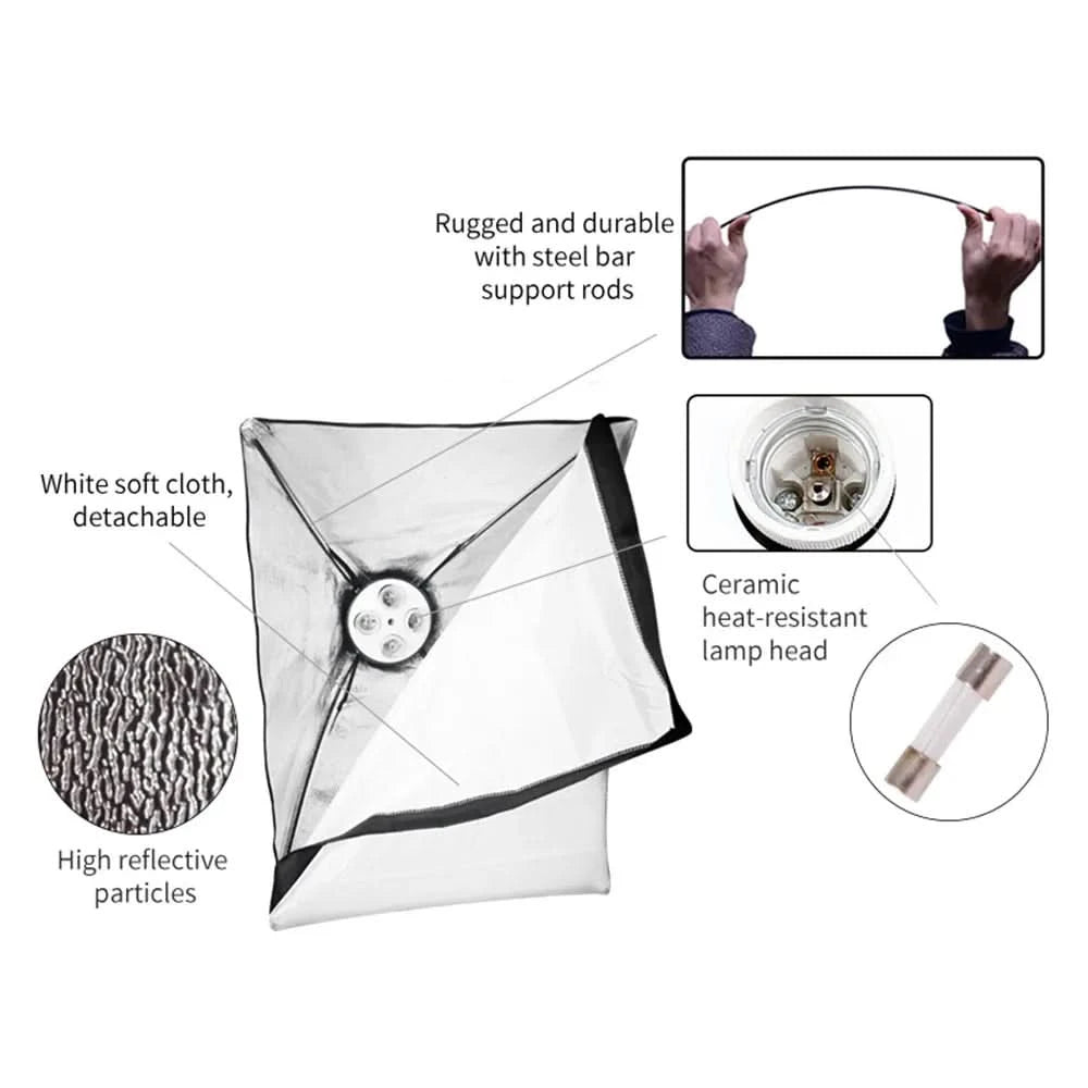 SH Fotostudio Softbox Licht-Kit Fotoausrüstung Vier Lampenfassungen Dauerlichtsystem mit E27 Glühbirnenzubehör