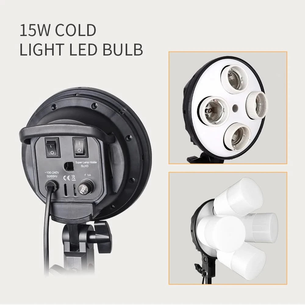 SH Fotostudio Softbox Licht-Kit Fotoausrüstung Vier Lampenfassungen Dauerlichtsystem mit E27 Glühbirnenzubehör