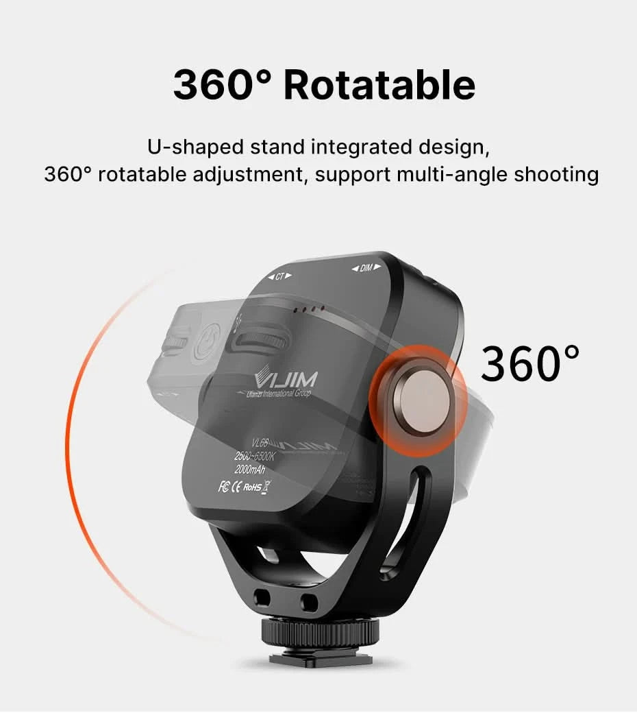 Ulanzi VIJIM VL66 3200k-6500k Vlog Fülllicht 360° drehbares LED-Videolicht mit erweiterter Kaltschuhhalterung 2000mAh Akku mit Lichtstativ