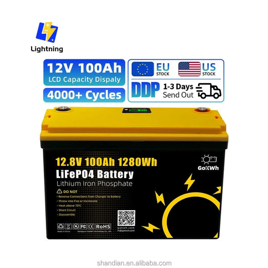 GoKWh EU Stock 12V 100Ah Battery Lifepo4 Lithium Iron Phosphate 200Ah Bms Solar Lithium Ion Batteries Blue tooth