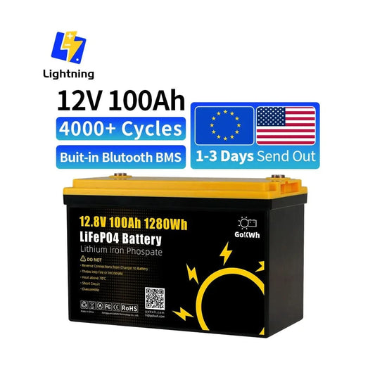 GoKWh LiFePO4 Lithium Ion Start Battery PacK LFP 12V 12.8V 100A 200Ah Lithium Ion Solar Battery RV Home Boat Storage Energy Pack