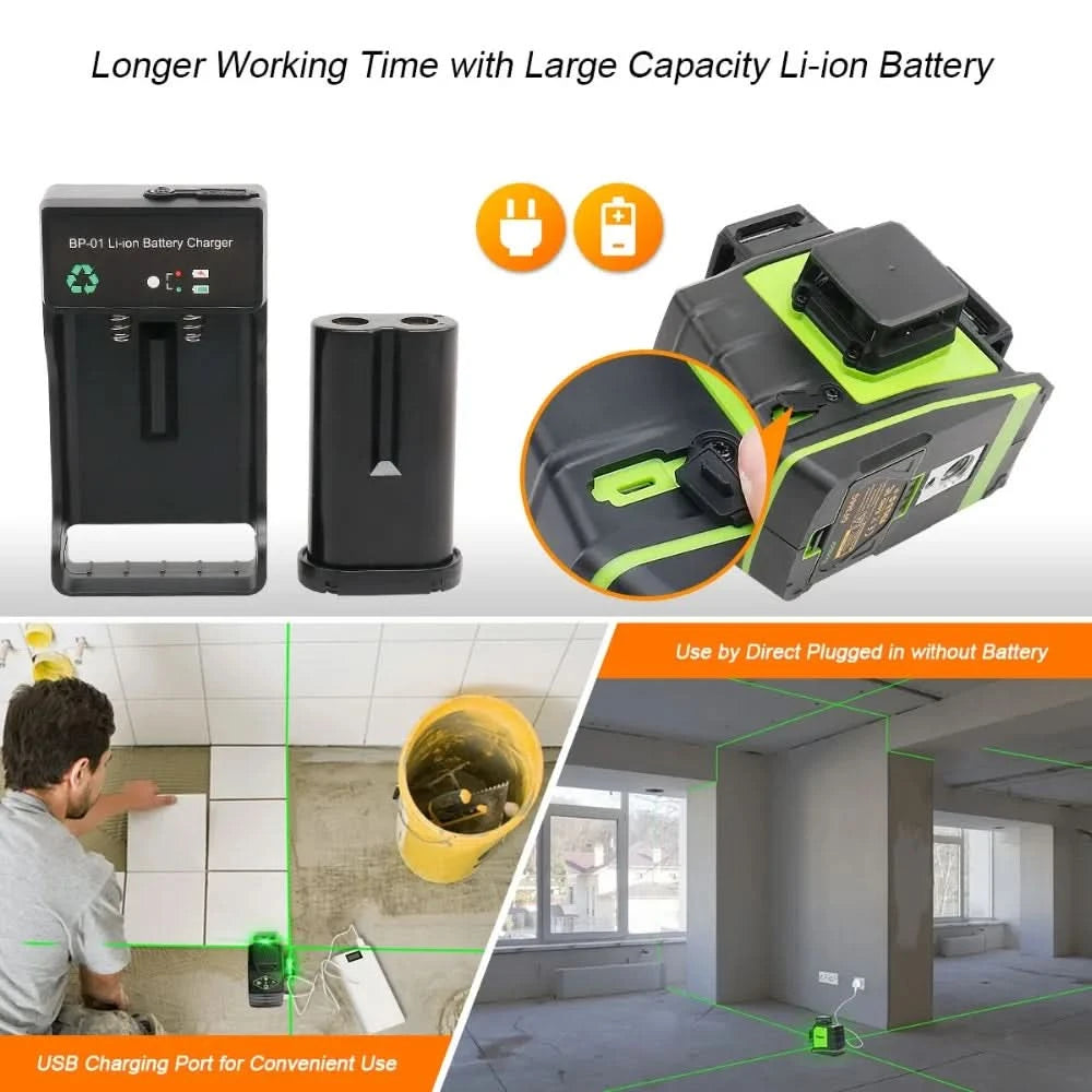 Huepar 12 Lines 3D Cross Line Laser Level Kit Osram Self-Leveling Green Beam 360° Vertical Horizontal With Laser Receiver Tripod