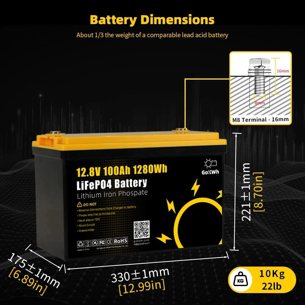 GoKWh LiFePO4 Lithium Ion Start Battery PacK LFP 12V 12.8V 100A 200Ah Lithium Ion Solar Battery RV Home Boat Storage Energy Pack