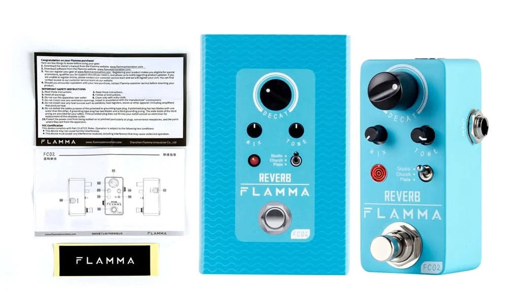 FLAMMA FC02 E-Gitarren-Pedal, Hall-Effektpedal mit Studio Church Plate Effekten, True Bypass mit Netzteil