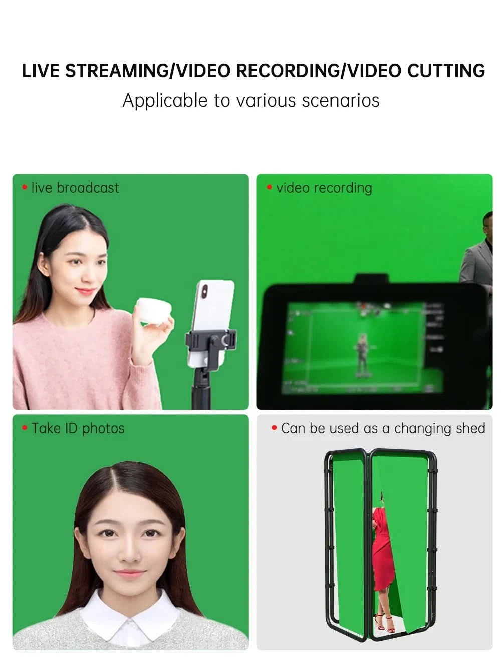 2.4x2.4m Hintergrundrahmen Schwarz/Weiß/Grün/Grau Bildschirmwand Faltbar für Tiktok Live Fotostudio Kit Chromakey Greenscreen-Rahmen