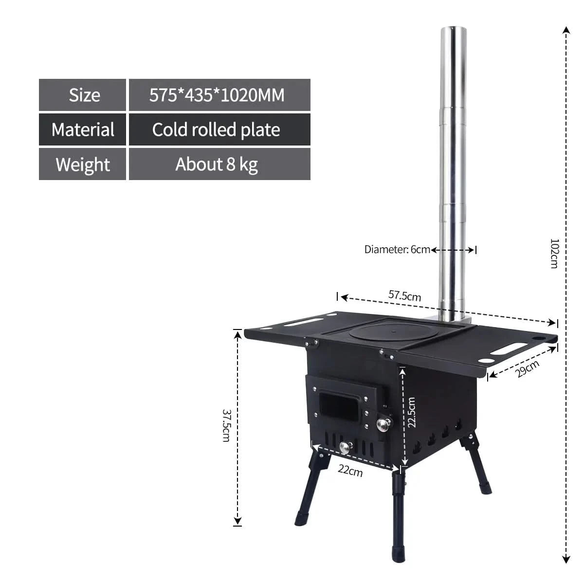 Camping Wood Stove Fire View Side Glass Portable Folding Wood Burner with Chimney Stainless Steel Tent Heater for Ice Fishing