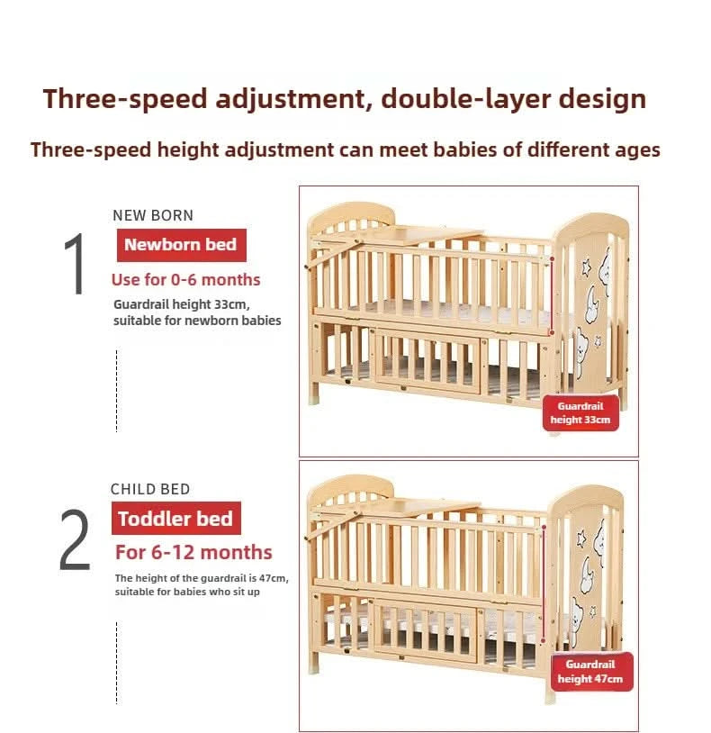 Baby Comfortable Sleeping Bed Solid Wood Newborn Baby Bed Multifunctional Baby Rocking Bed with Wheels and mosquito net