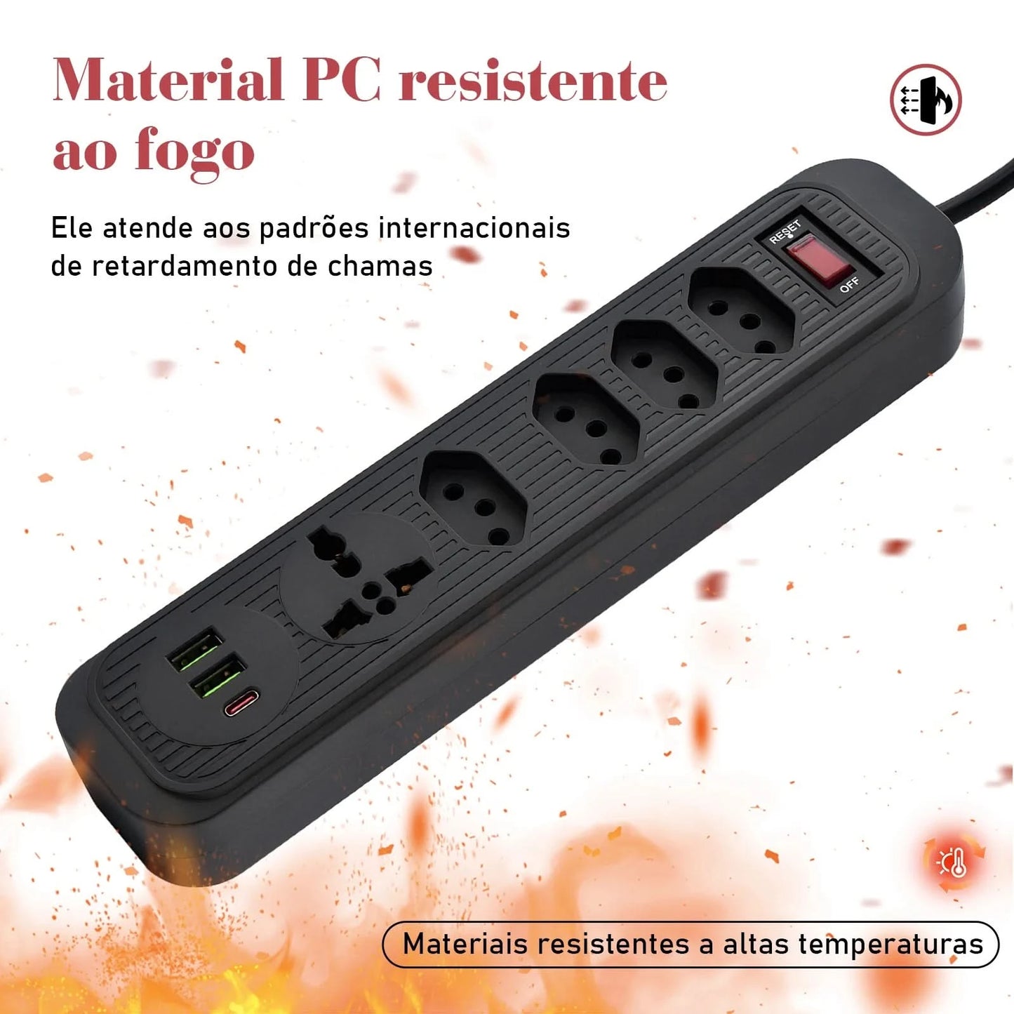 4-fach Verlängerungskabel mit 3 USB-Anschlüssen, weiß, bivolt, 2 Meter, Schwarz, Verlängerungskabel, unterstützt 110-220V Spannung, 2500W Leistung