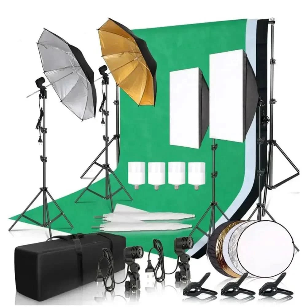 Fotohintergrundrahmen Ständer Softbox Beleuchtungsset Fotostudio-Ausrüstungszubehör mit 3 Hintergrundstoffen und Stativ