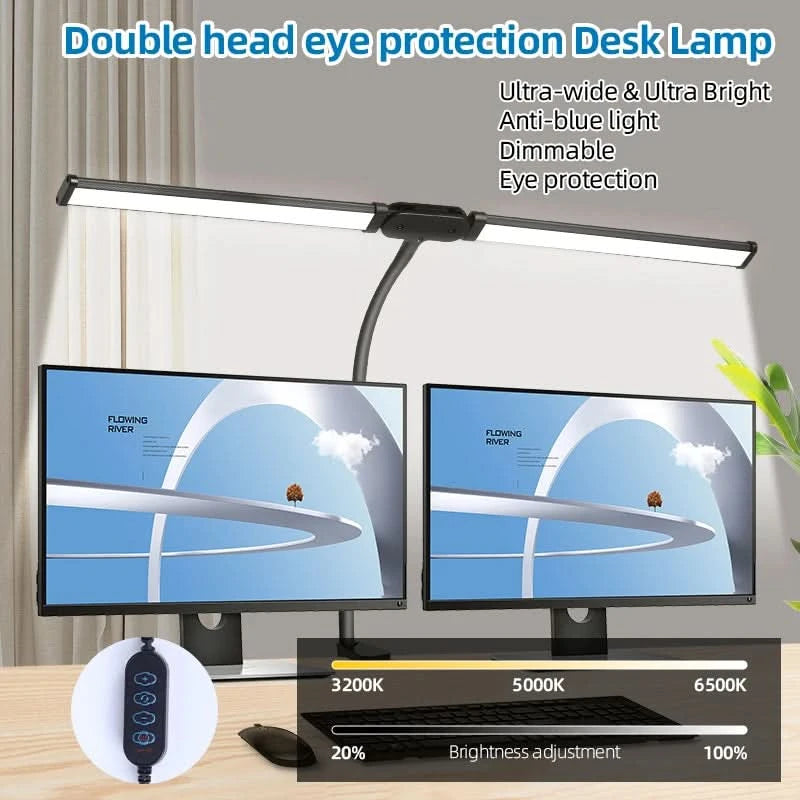 Clip Table Lamp Led Monitor Light Stand USB 3 Color Modes and 10 Dimmable Reading Lights for Study Office Double Head Desk Lamp