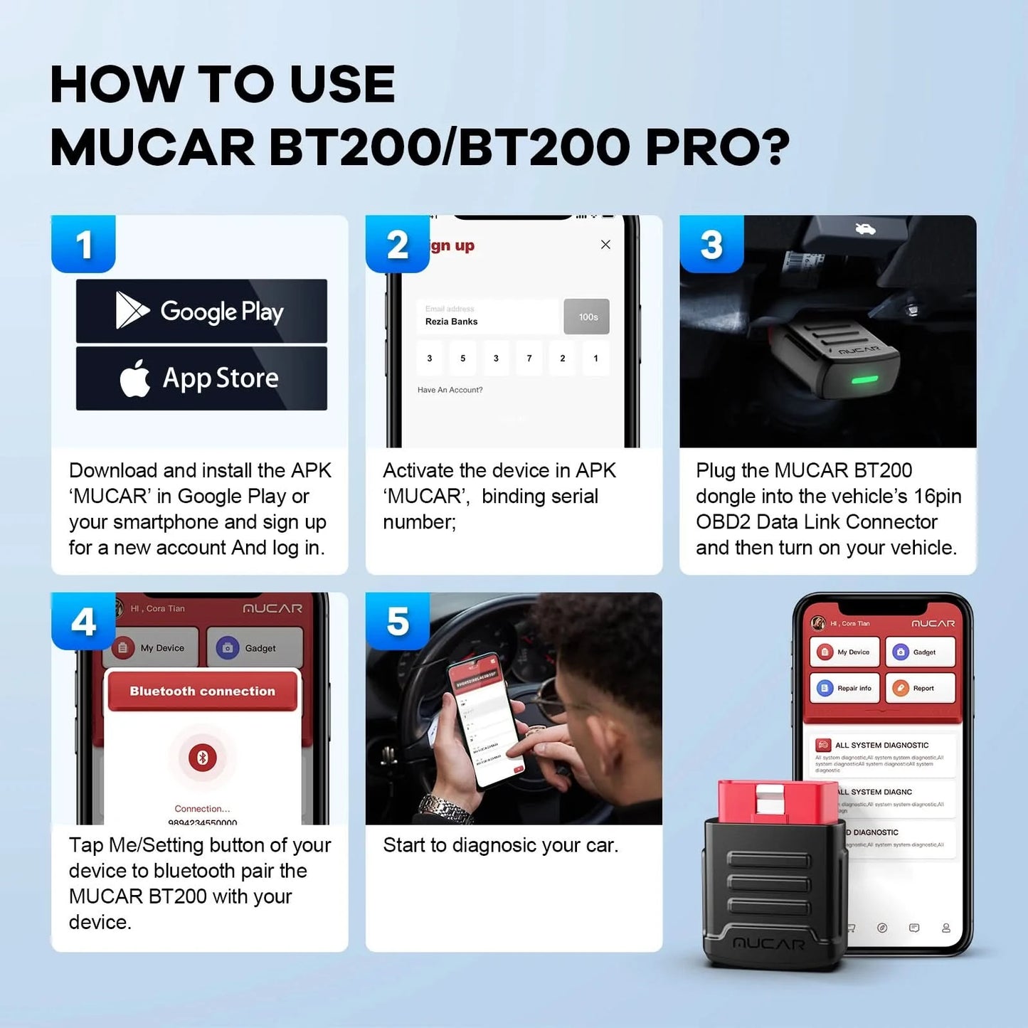 10pcs-100pcs MUCAR BT200/BT200 Pro OBD2 Diagnostic Tool Full System Diagnosis for all cars lifetime free, 15 reset service
