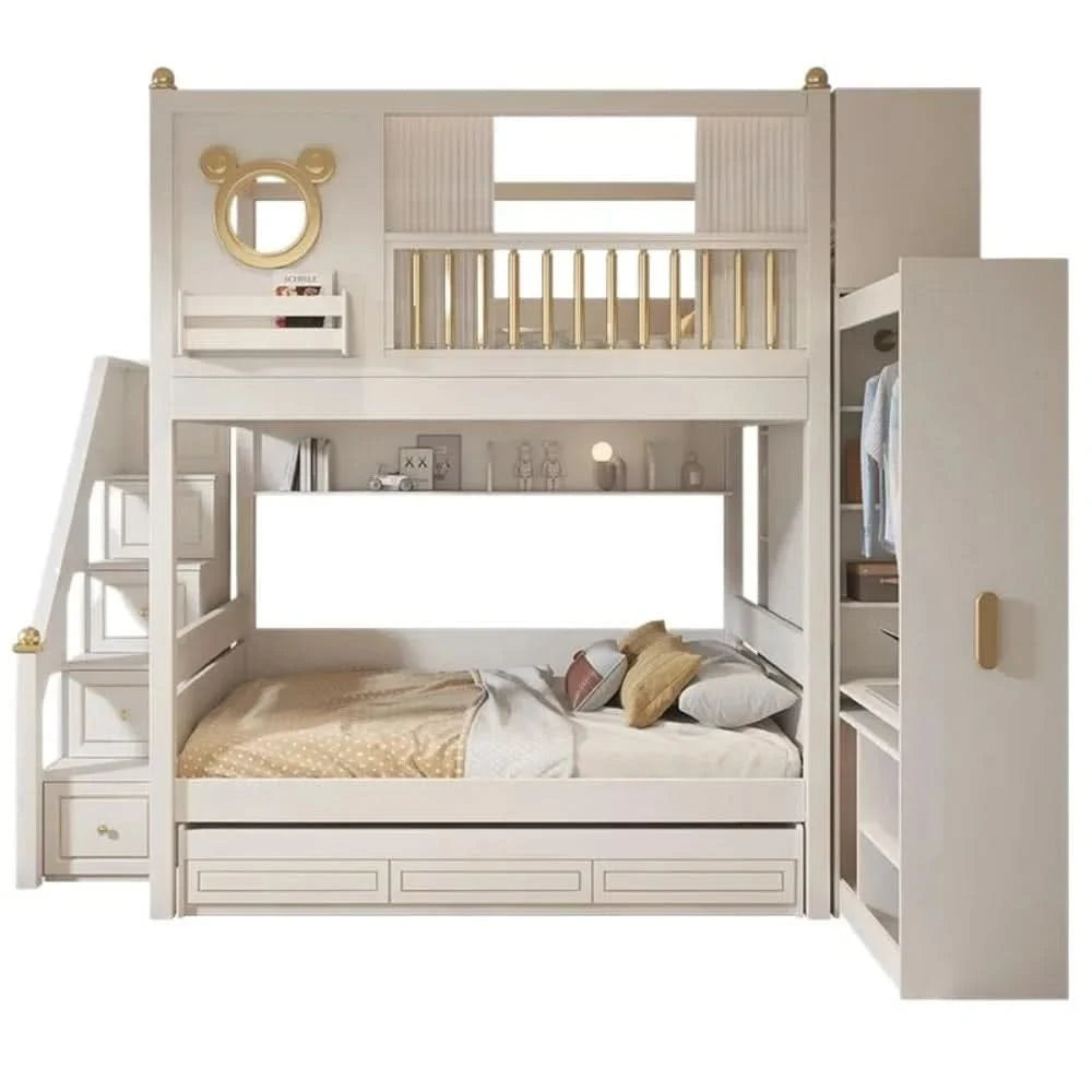 Modern Comfortable Wooden Bunk Bed with Double Top Loft Design Unisex Width Suitable for Nursery  Living Room  with Slide