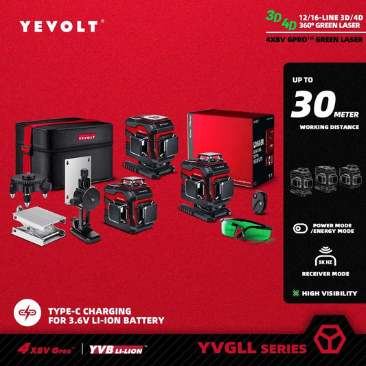 YEVOLT Laser Level Green 12/16-Line 3/4-Plane Self-leveling 360 Horizontal & Vertical Accurate Measuring Tool-YVGLL4XS-Series