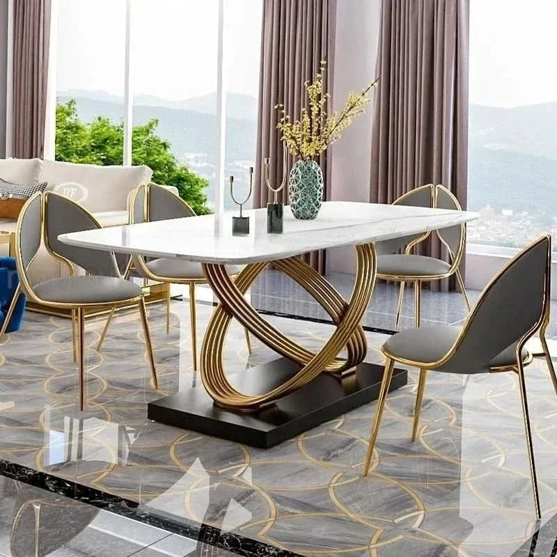Modern Dining Table With Stainless Steel Finish Black White Desk Top For Six People Home Rectangle Luxury Marble Kitchen Table