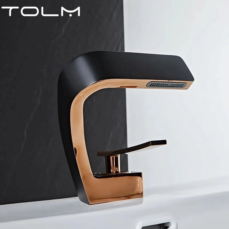 TOLM Messing Schwarz Gold Waschtischarmatur Badezimmer Waschbeckenarmaturen Warm Kalt Wasserhahn Mischer Deck Montiert Einhebel Loch Bad Küche