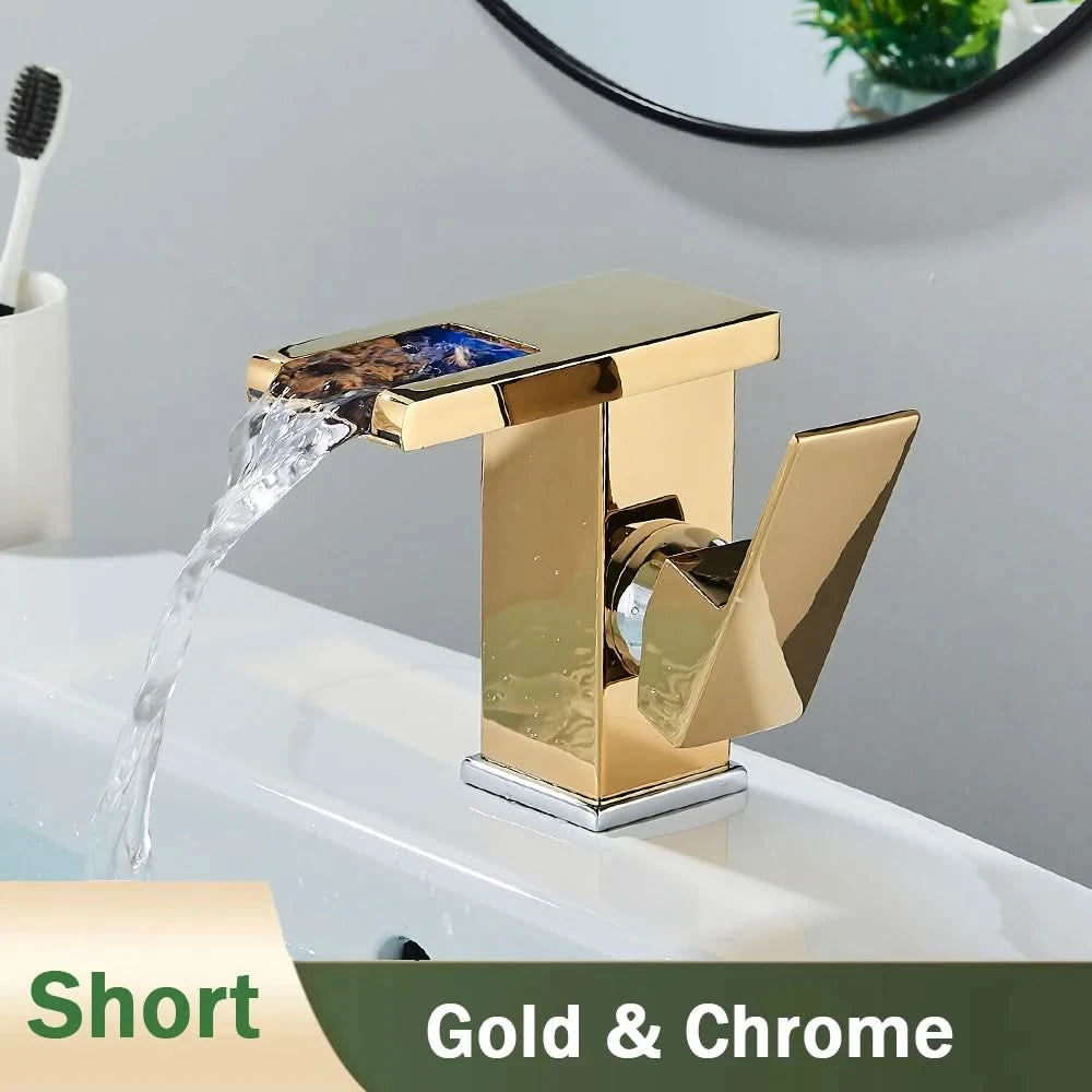 Rozin LED Bathroom Basin Faucet Black Waterfall Sink Faucets Hydroelectric LED Deck Mounted Crane Hot Cold Water Mixer Tap
